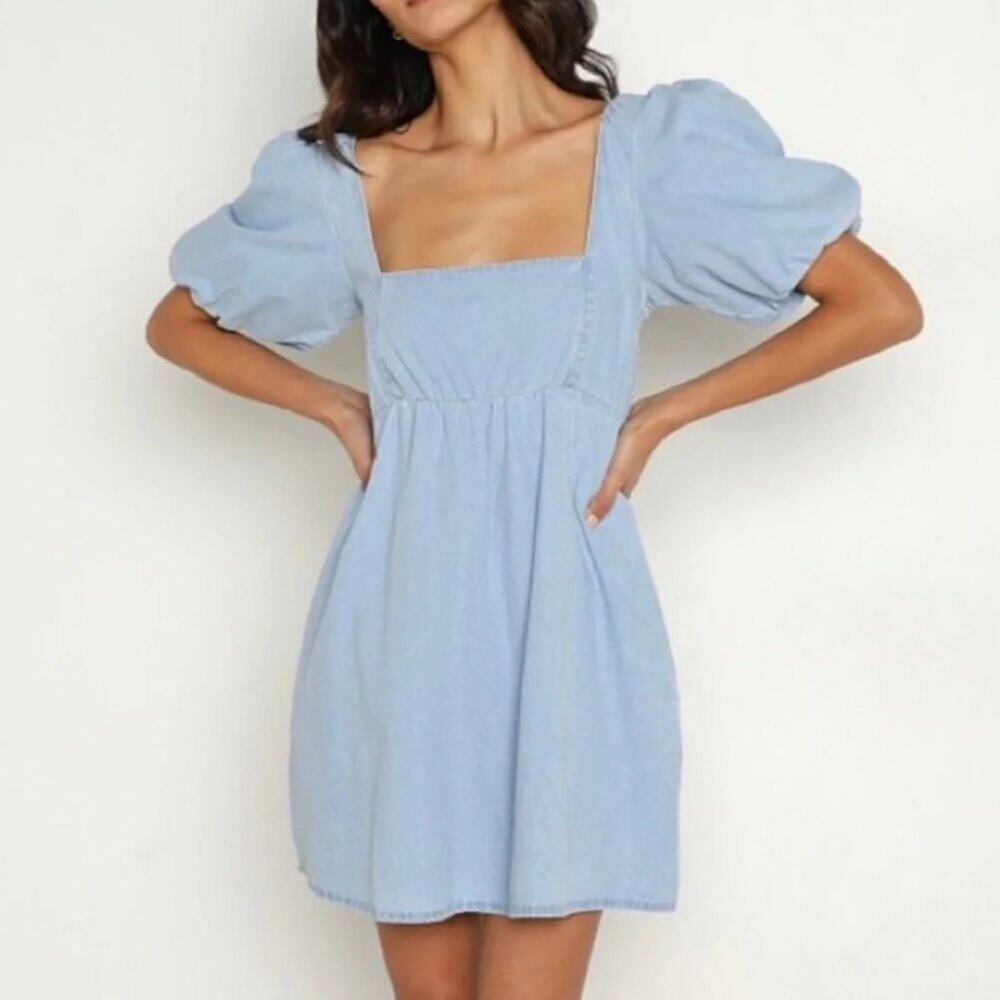 Show Me Your MuMu Smitten Sky Blue Puff Sleeve Mini 100% Cotton Sundress $158 - Picture 9 of 9